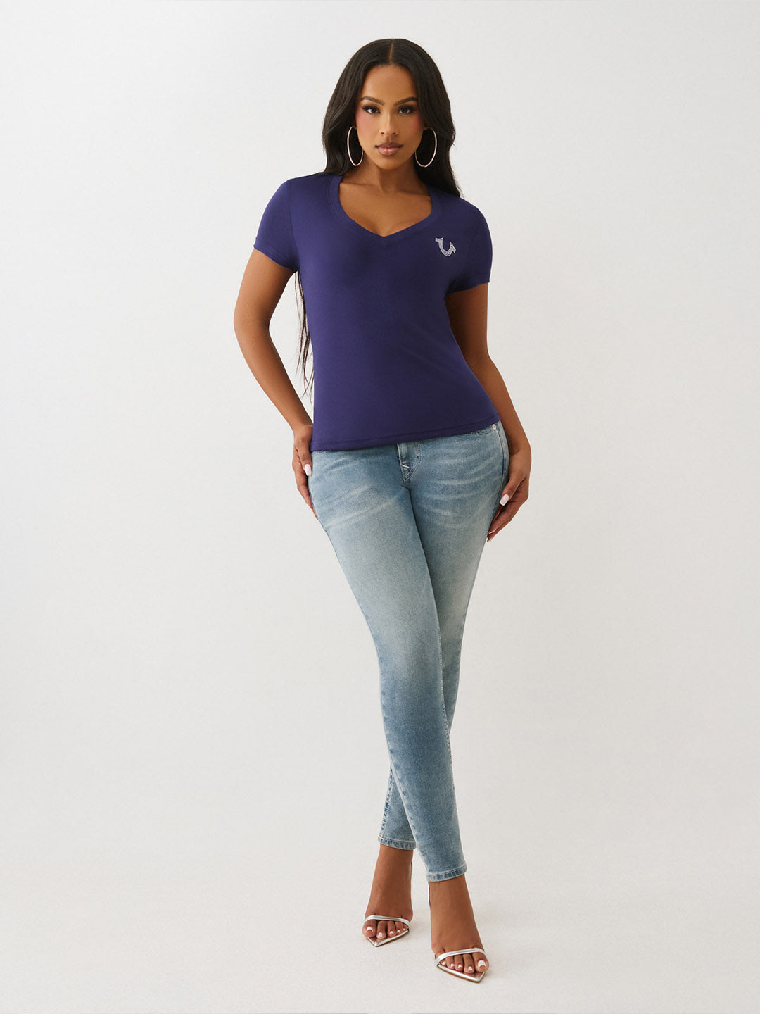 True Religion Women Regular Fit Blue Logo T Shirt