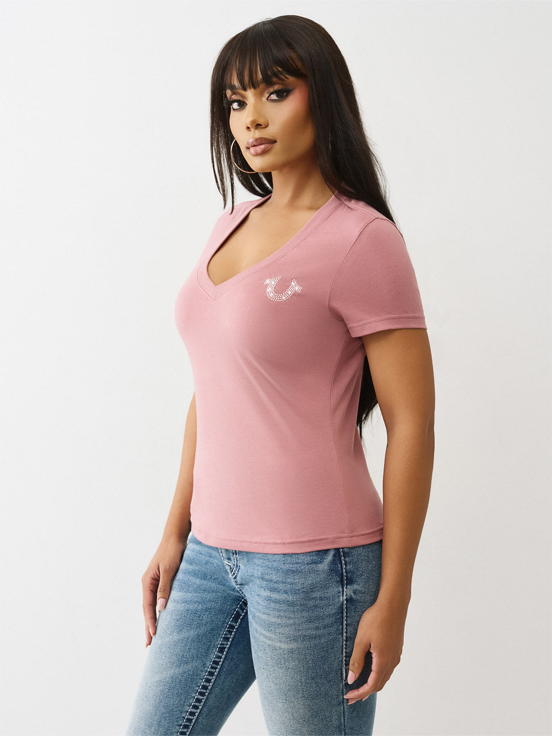 True Religion Women Regular Fit Pink Logo T Shirt