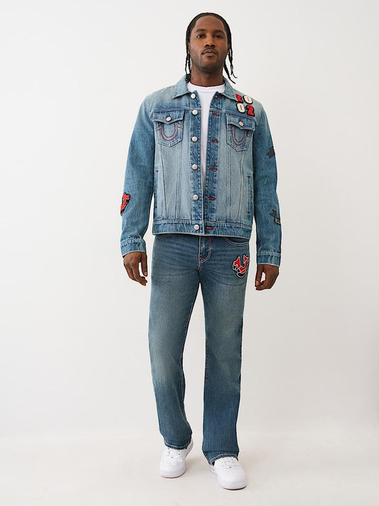 True Religion Men SN, Patch Work Billy Bootcut Fit Light Wash Jeans