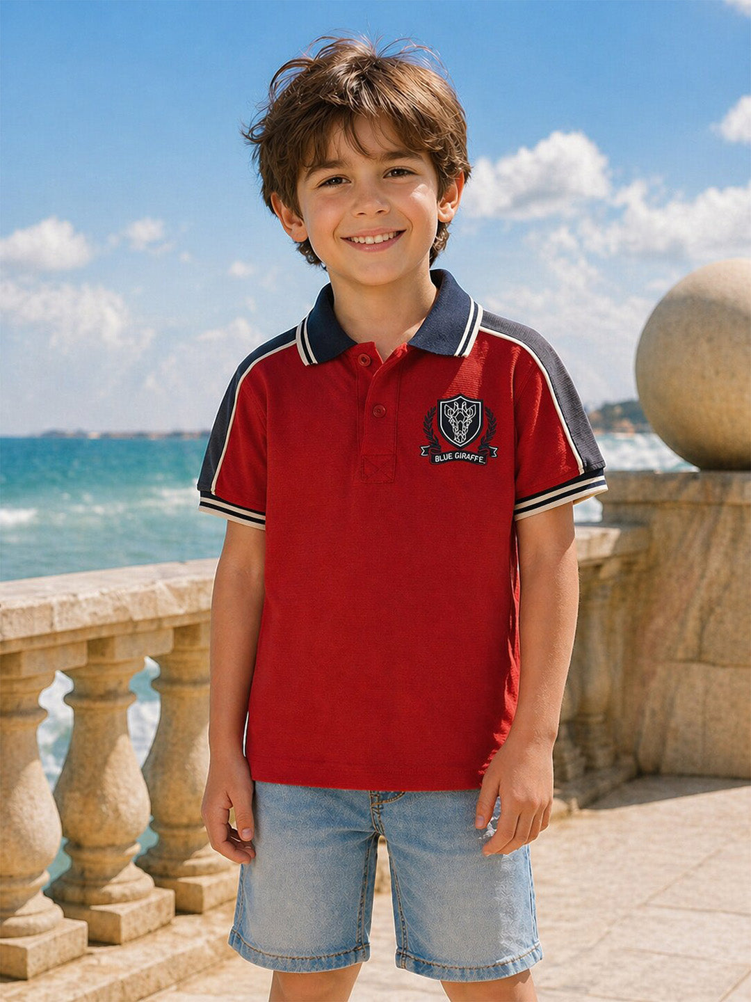 BLUE GIRAFFE Boys Red Knitted Pullover Polo T-Shirt