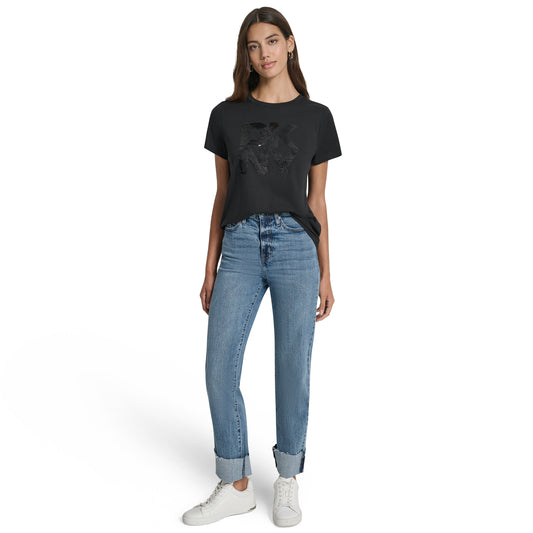 DKNY Womens Black Logo Round Neck T-Shirt