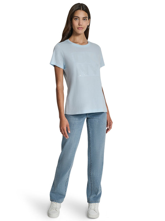 DKNY Womens Light Blue Logo Round Neck T-Shirt