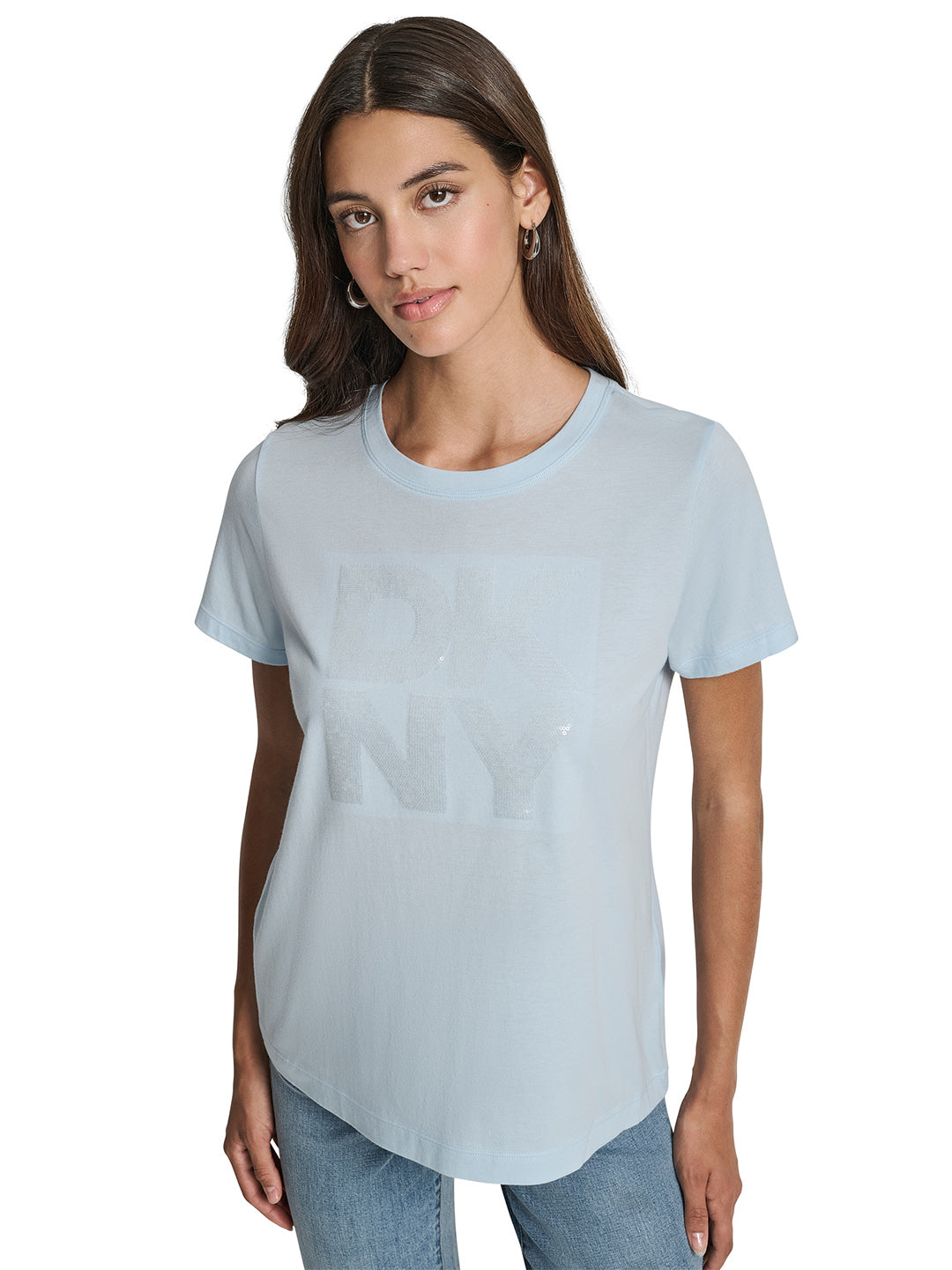 DKNY Womens Light Blue Logo Round Neck T-Shirt