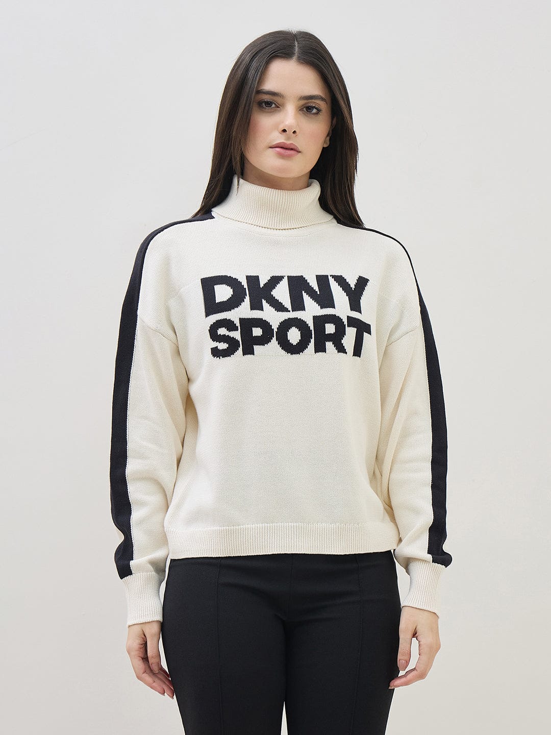 DKNY Women Cream Turtle Neck Jacquard Logo Sweater