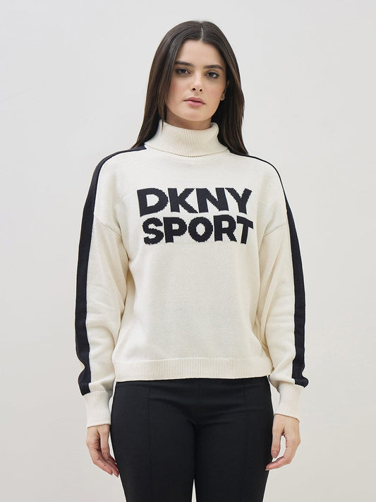 DKNY Women Cream Turtle Neck Jacquard Logo Sweater