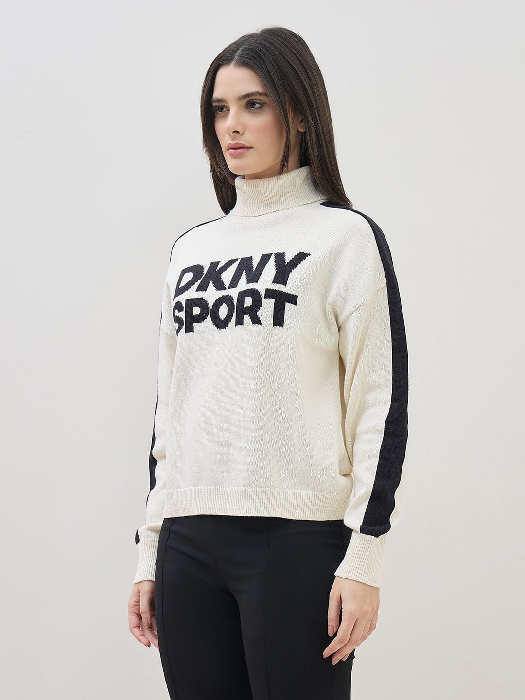 DKNY Women Cream Turtle Neck Jacquard Logo Sweater