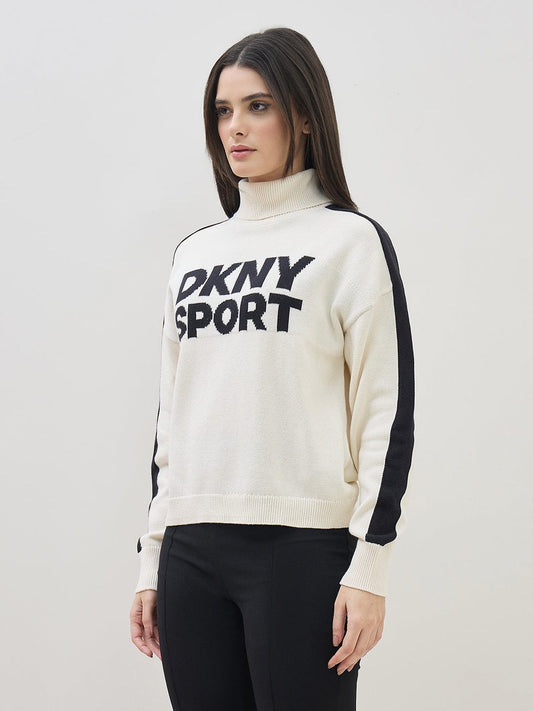 DKNY Women Cream Turtle Neck Jacquard Logo Sweater