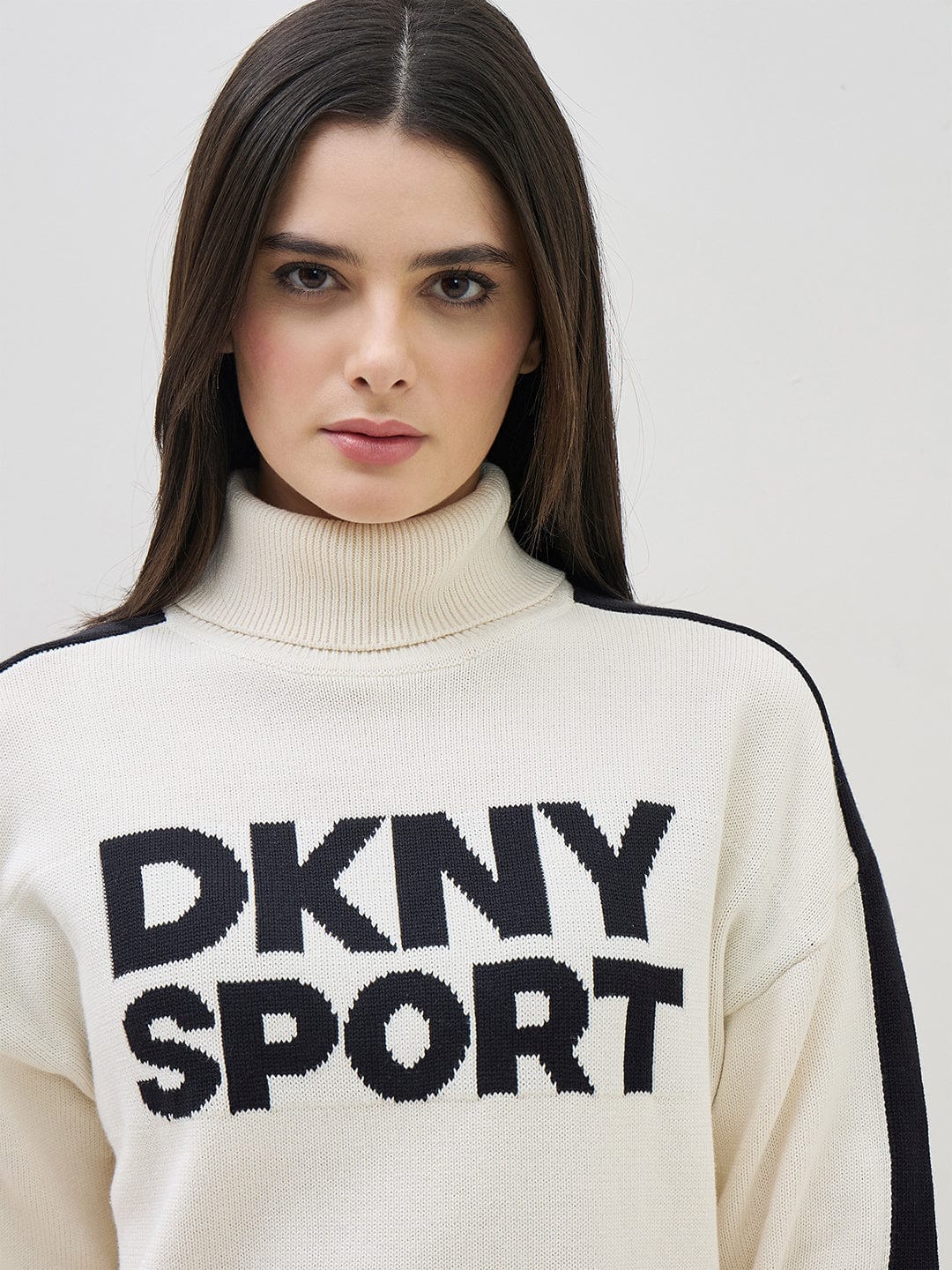 DKNY Women Cream Turtle Neck Jacquard Logo Sweater