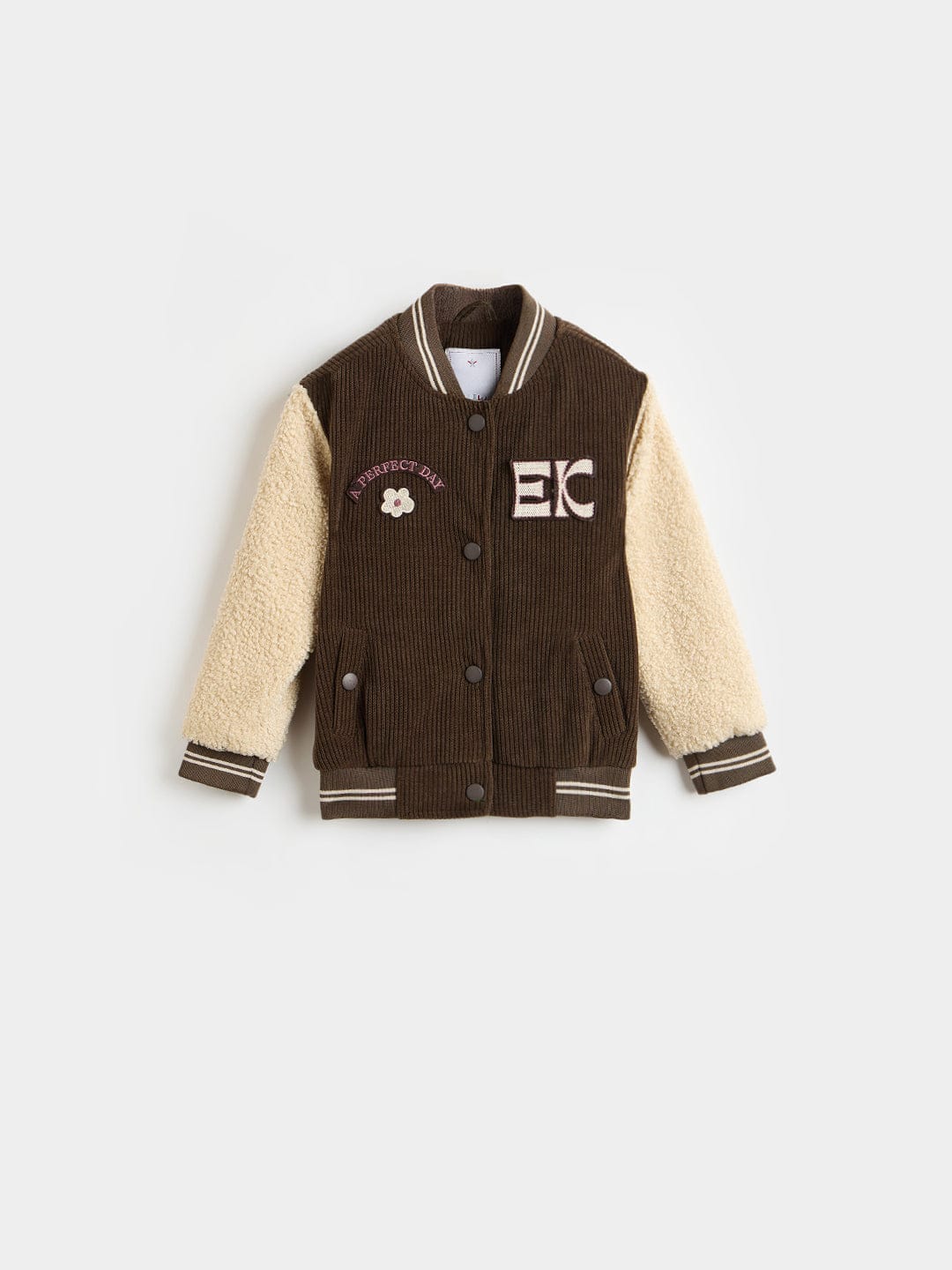 ELLE Girls Brown Logo Collar Regular Fit Varsity Jacket