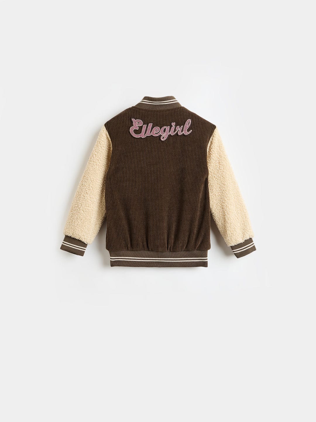 ELLE Girls Brown Logo Collar Regular Fit Varsity Jacket