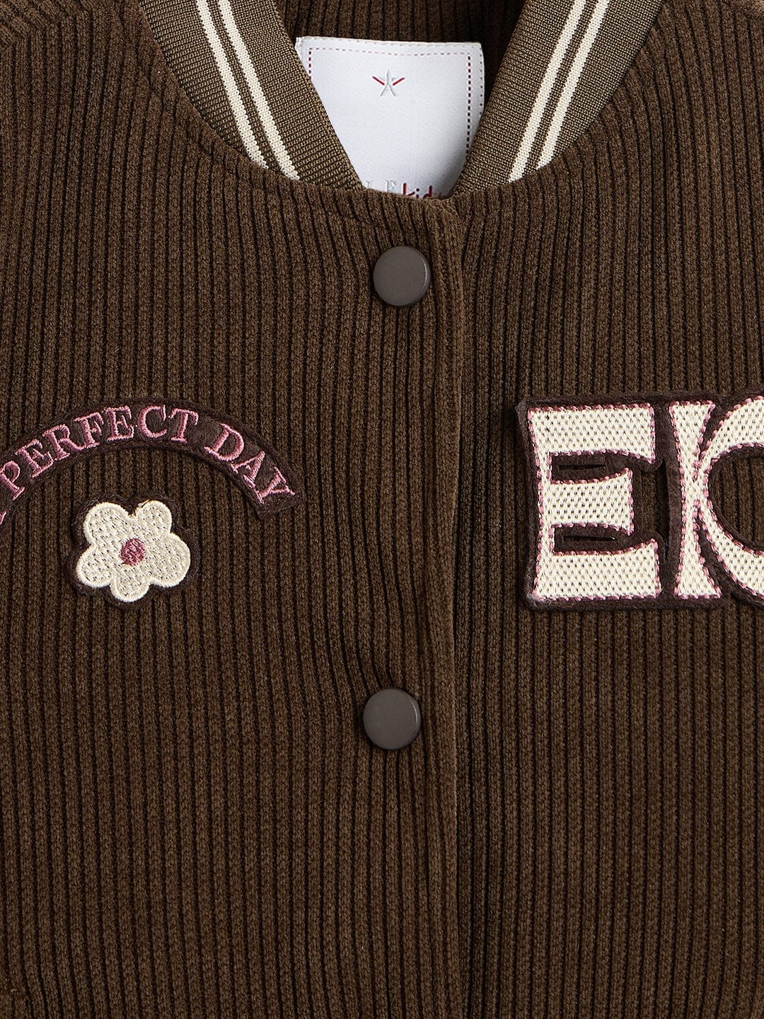 ELLE Girls Brown Logo Collar Regular Fit Varsity Jacket