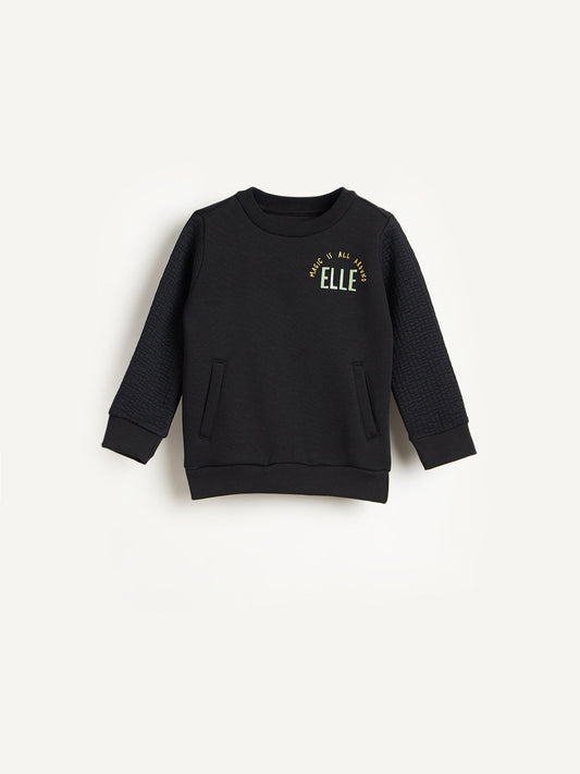 Elle Girls Black Textured Round Neck Sweatshirt