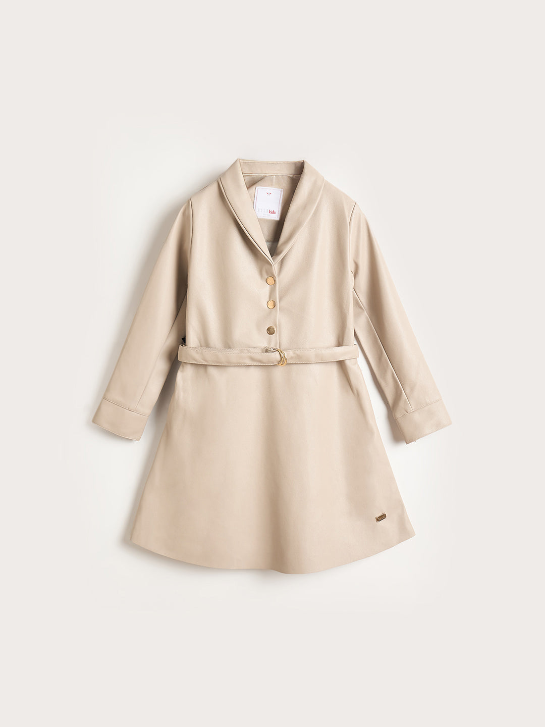Elle Girls Beige Solid Lapel Collar Dress