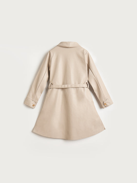 Elle Girls Beige Solid Lapel Collar Dress