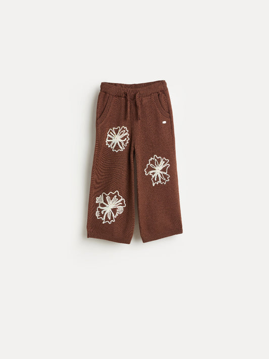 Elle Girls Fit & Flare Brown Embroidered Sweatpant