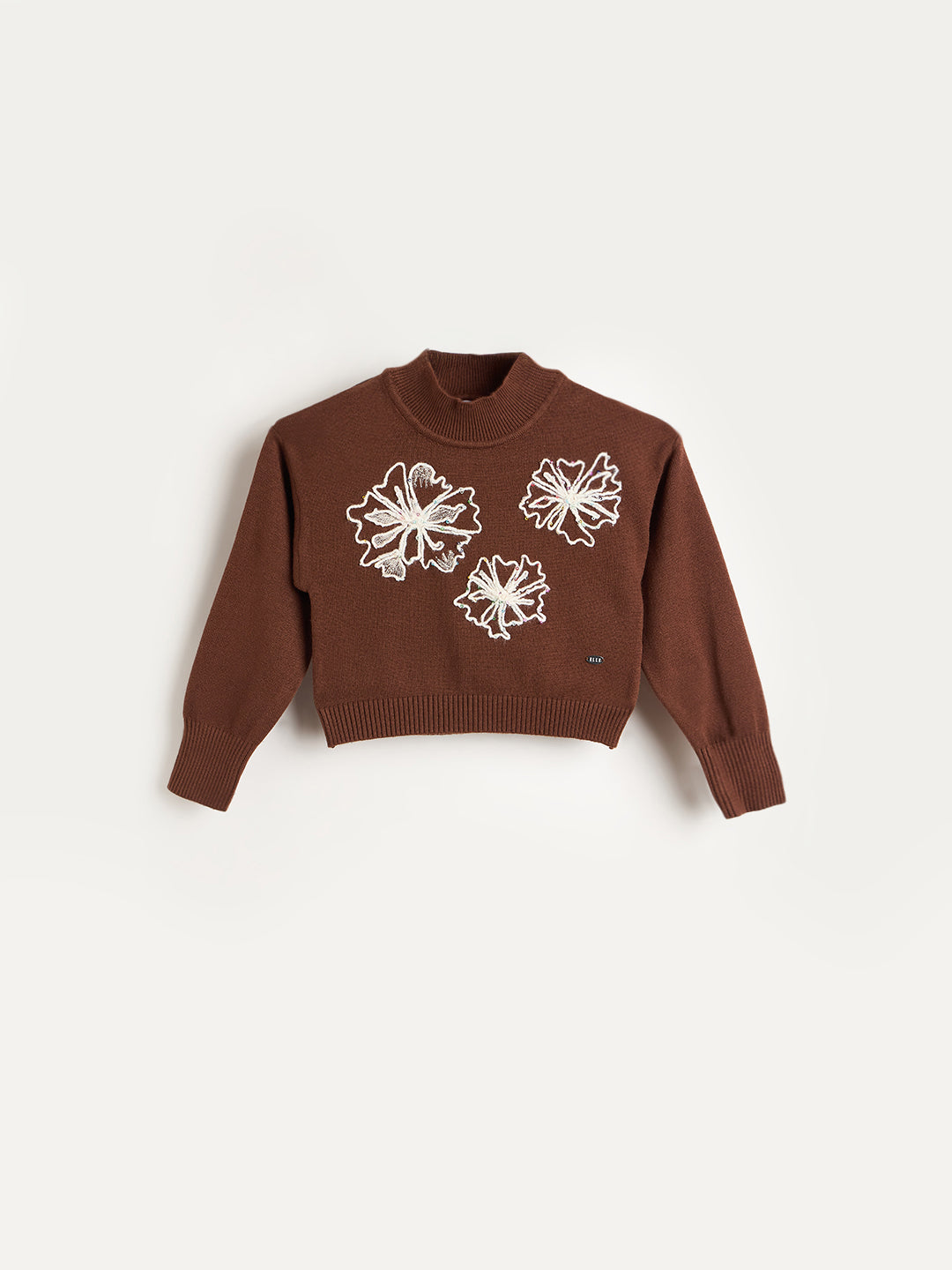 Elle Girls Regular Fit Brown Embroidered Sweater