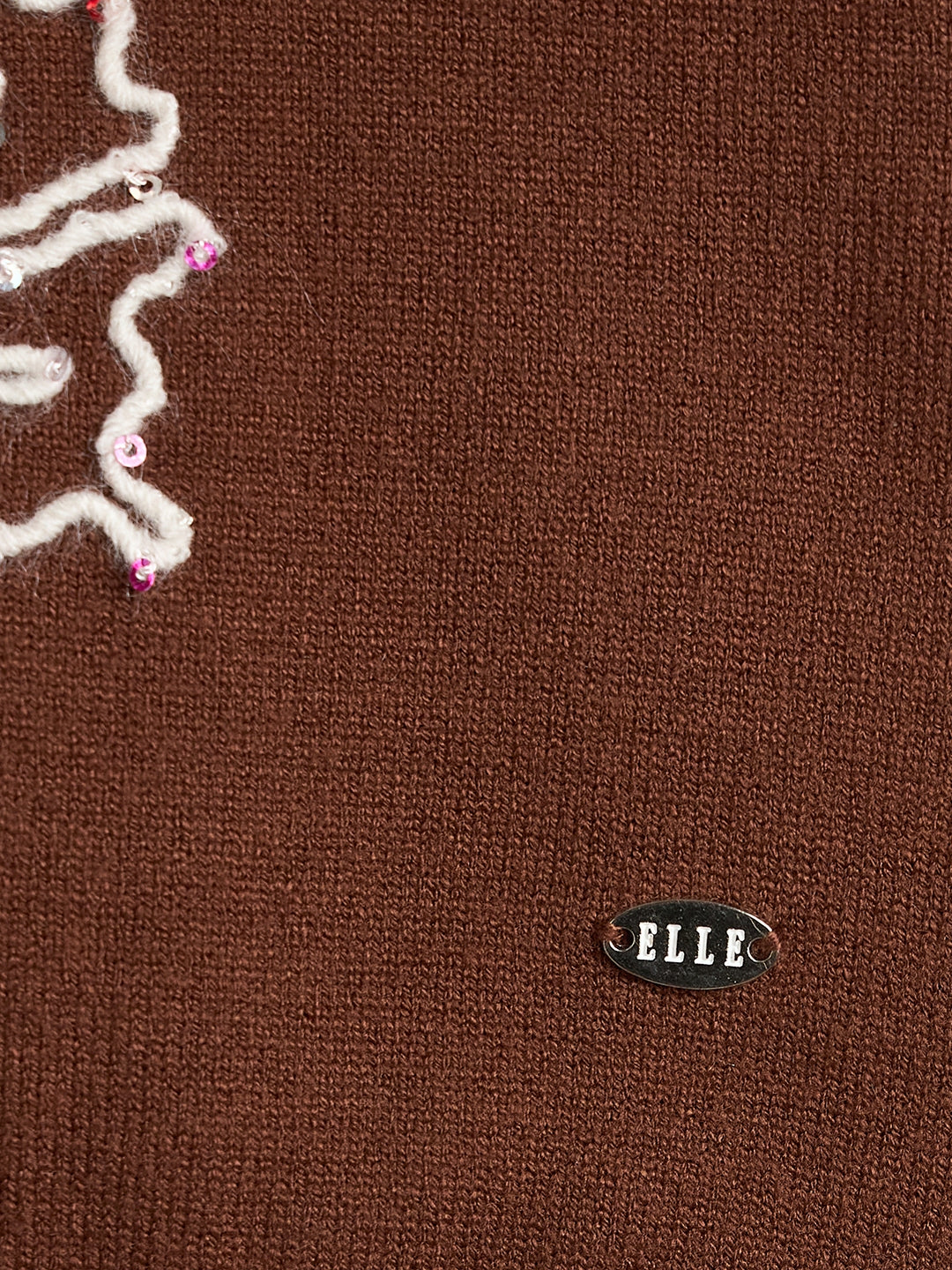 Elle Girls Regular Fit Brown Embroidered Sweater