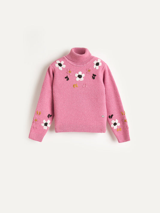 Elle Girls Pink Embroidered High Neck Sweater
