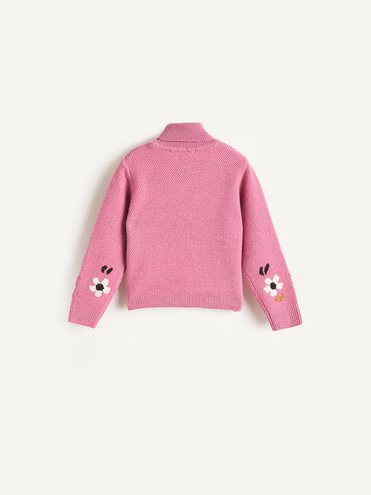 Elle Girls Pink Embroidered High Neck Sweater