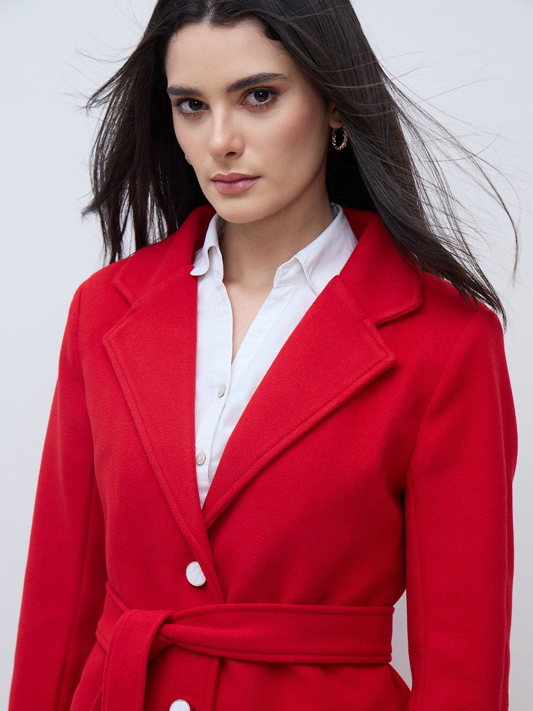 Elle Women Red Solid Lapel Collar Overcoat