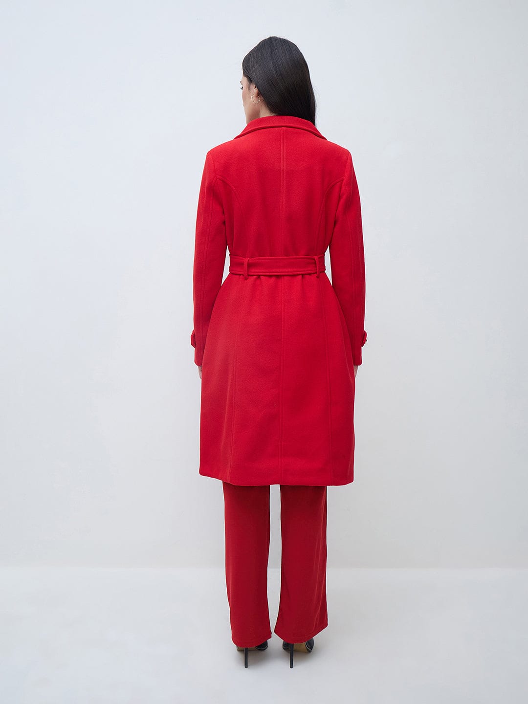 Elle Women Red Solid Lapel Collar Overcoat