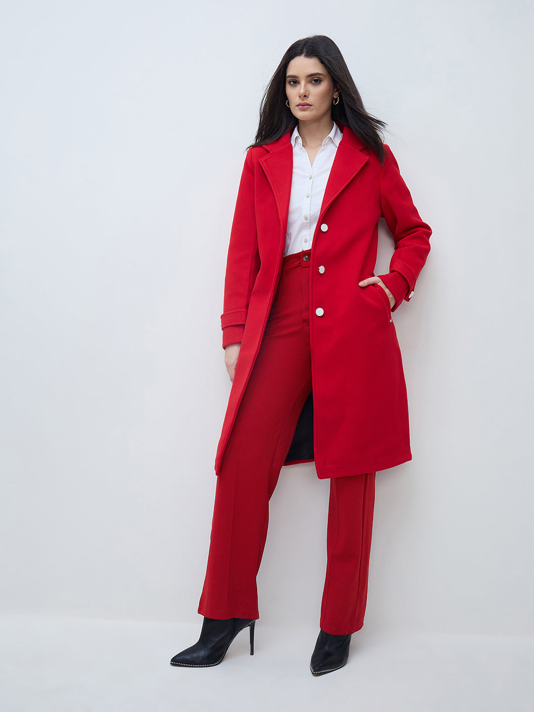 Elle Women Red Solid Lapel Collar Overcoat