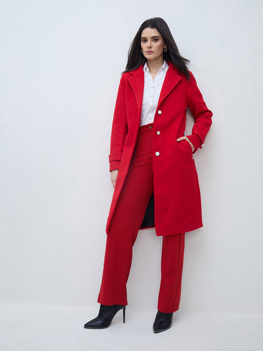 Elle Women Red Solid Lapel Collar Overcoat