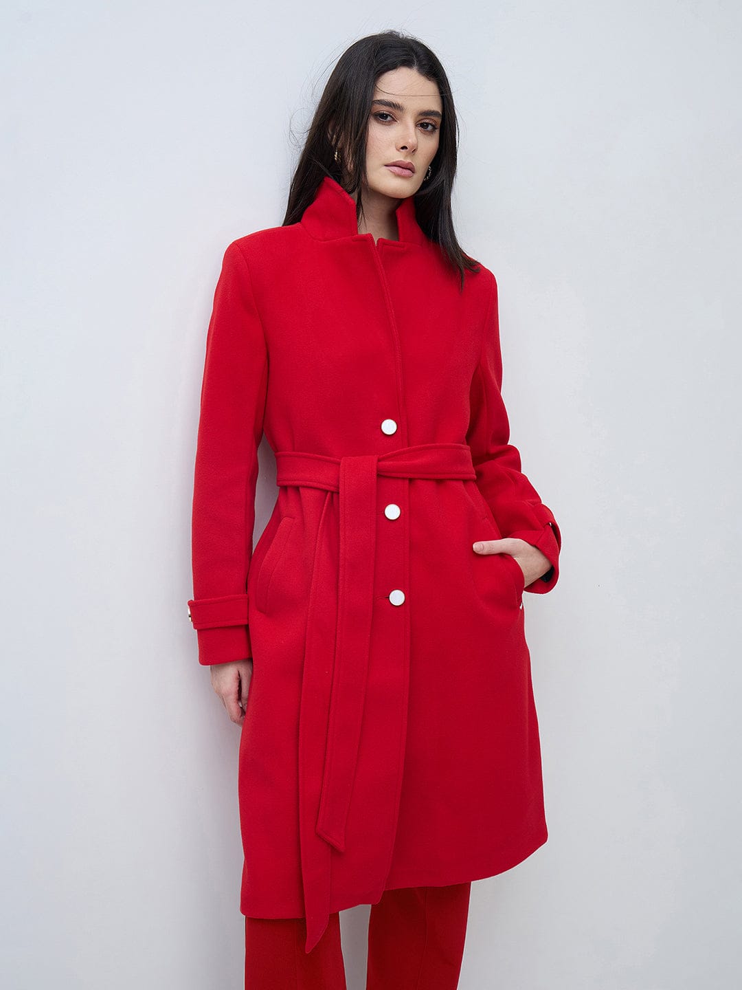 Elle Women Red Solid Lapel Collar Overcoat