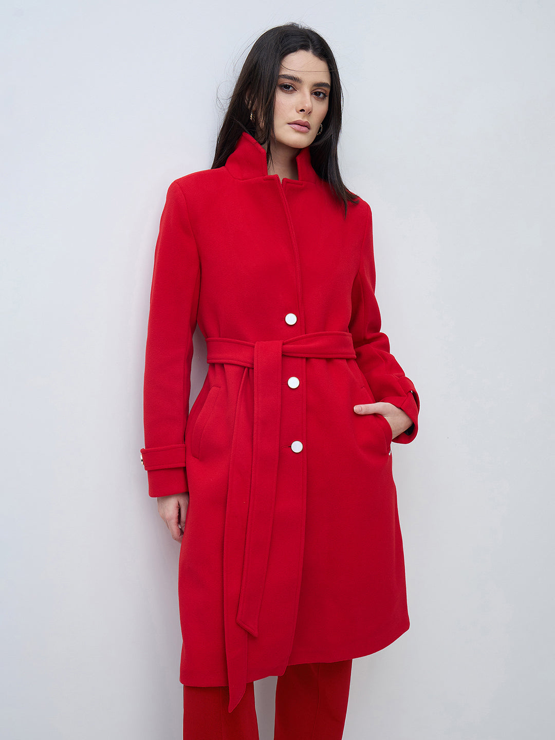 Elle Women Red Solid Lapel Collar Overcoat