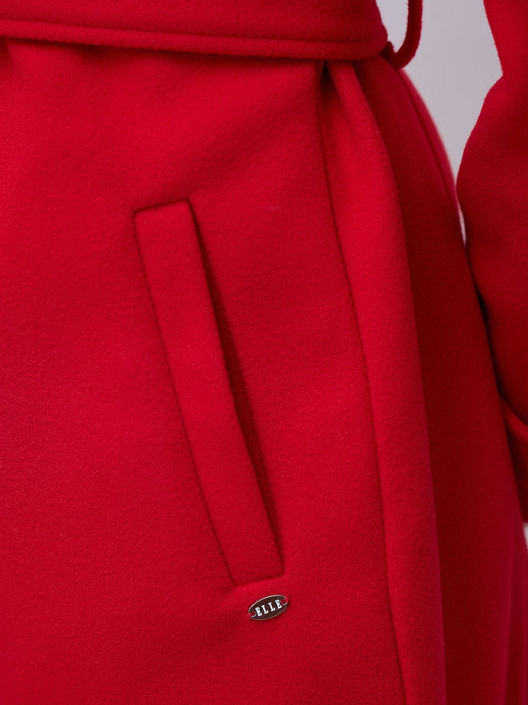 Elle Women Red Solid Lapel Collar Overcoat