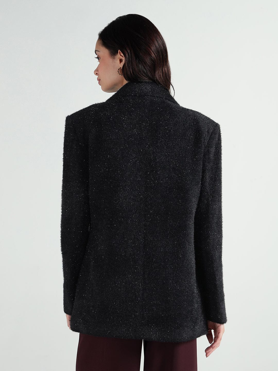 Elle Women Black Solid Lapel Collar Overcoat