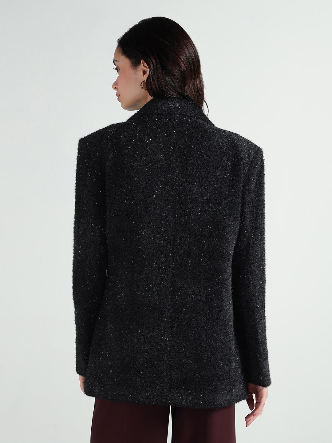 Elle Women Black Solid Lapel Collar Overcoat