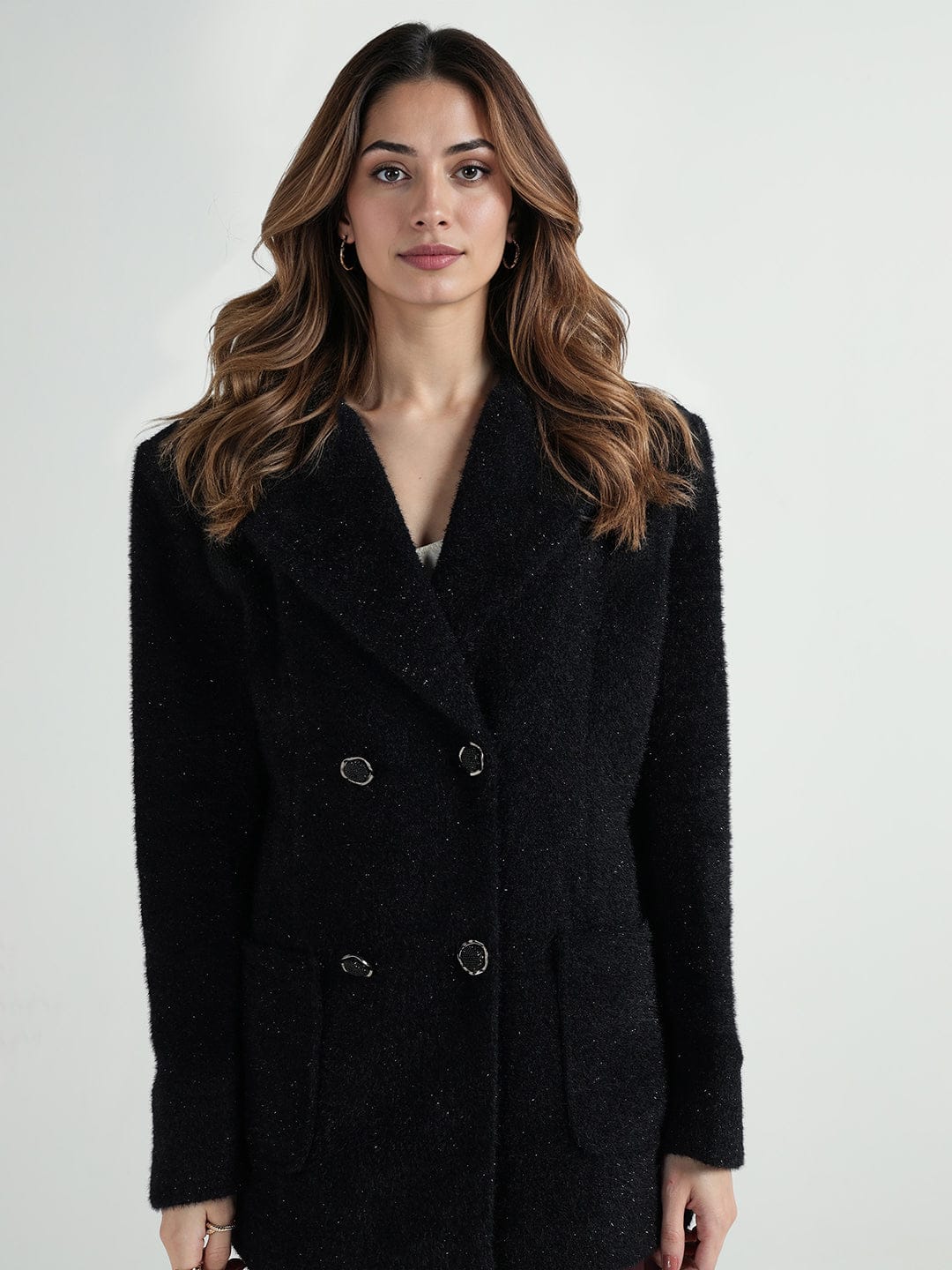 Elle Women Black Solid Lapel Collar Overcoat