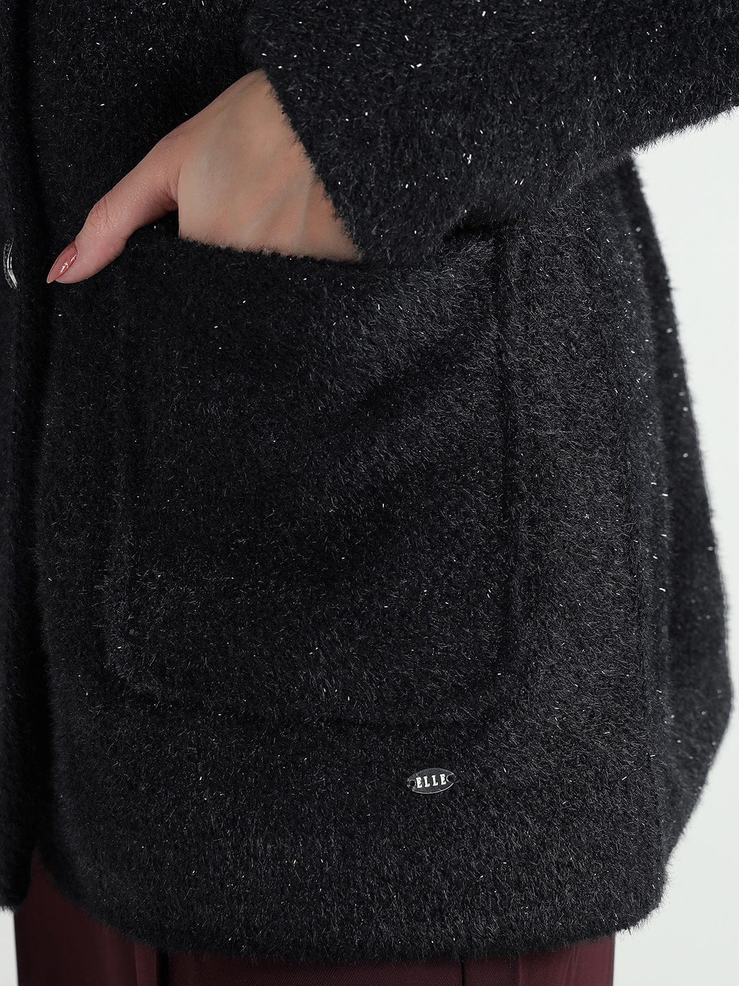 Elle Women Black Solid Lapel Collar Overcoat