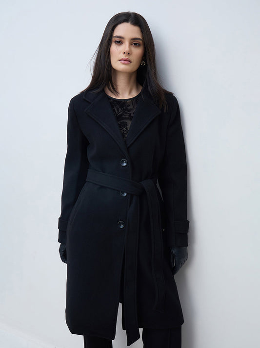 Elle Women Black Solid Lapel Collar Overcoat