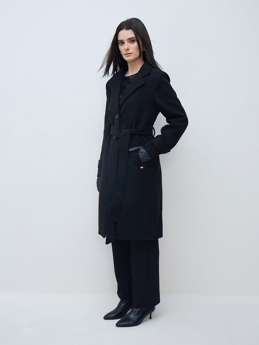 Elle Women Black Solid Lapel Collar Overcoat