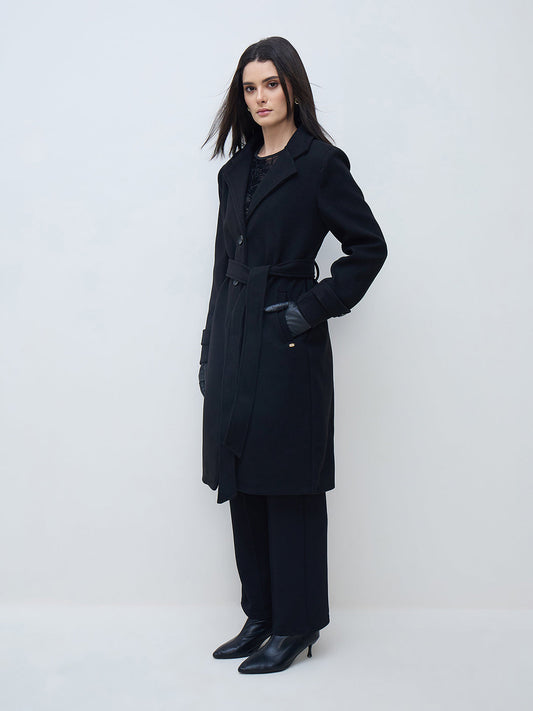 Elle Women Black Solid Lapel Collar Overcoat