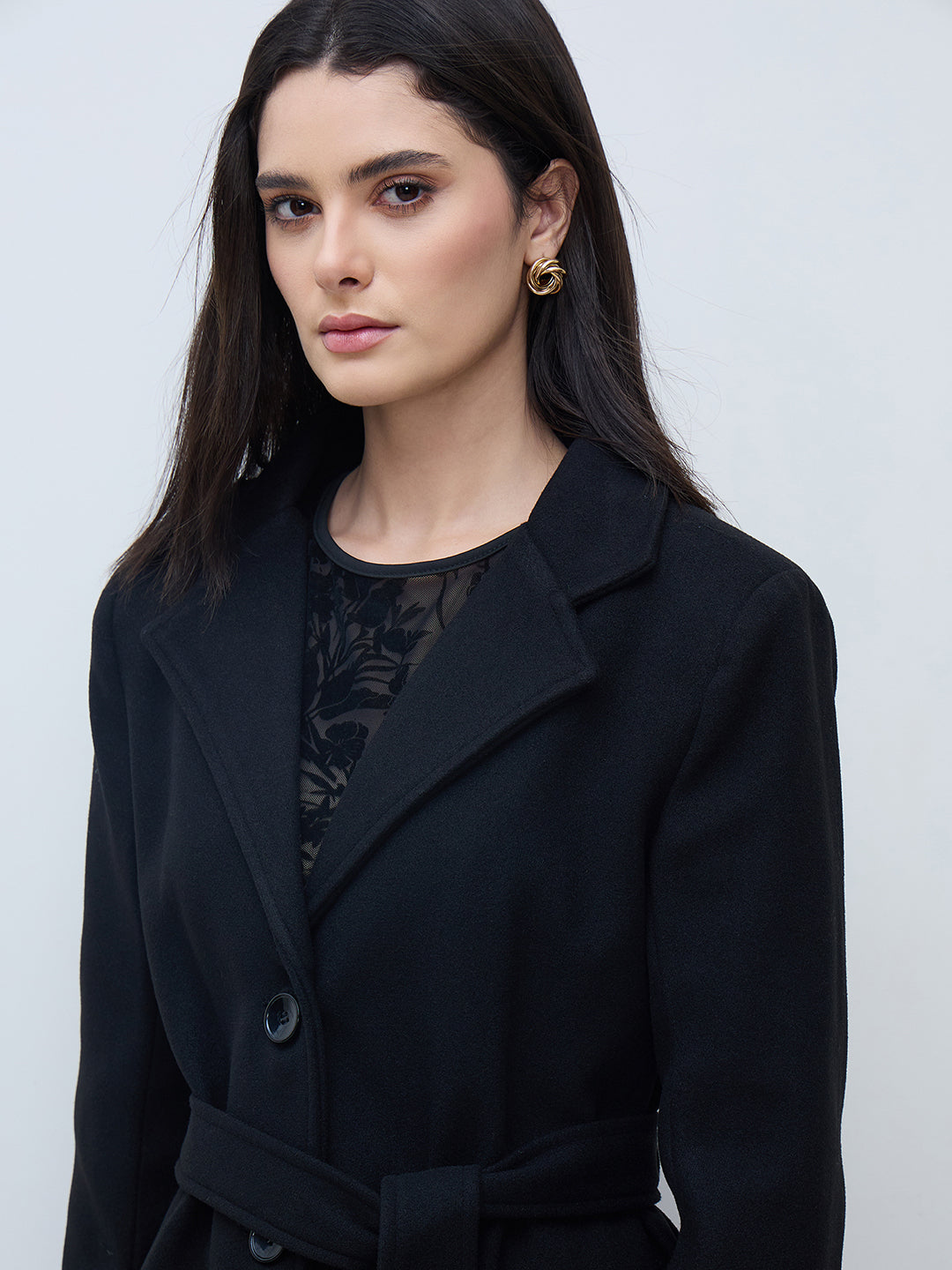 Elle Women Black Solid Lapel Collar Overcoat