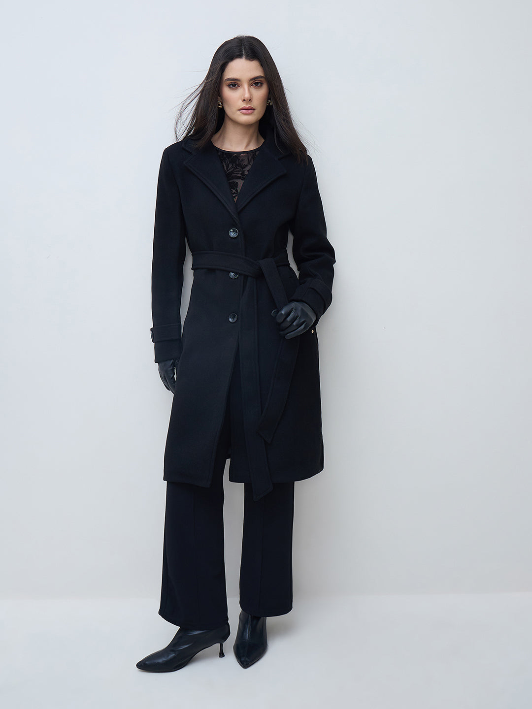 Elle Women Black Solid Lapel Collar Overcoat