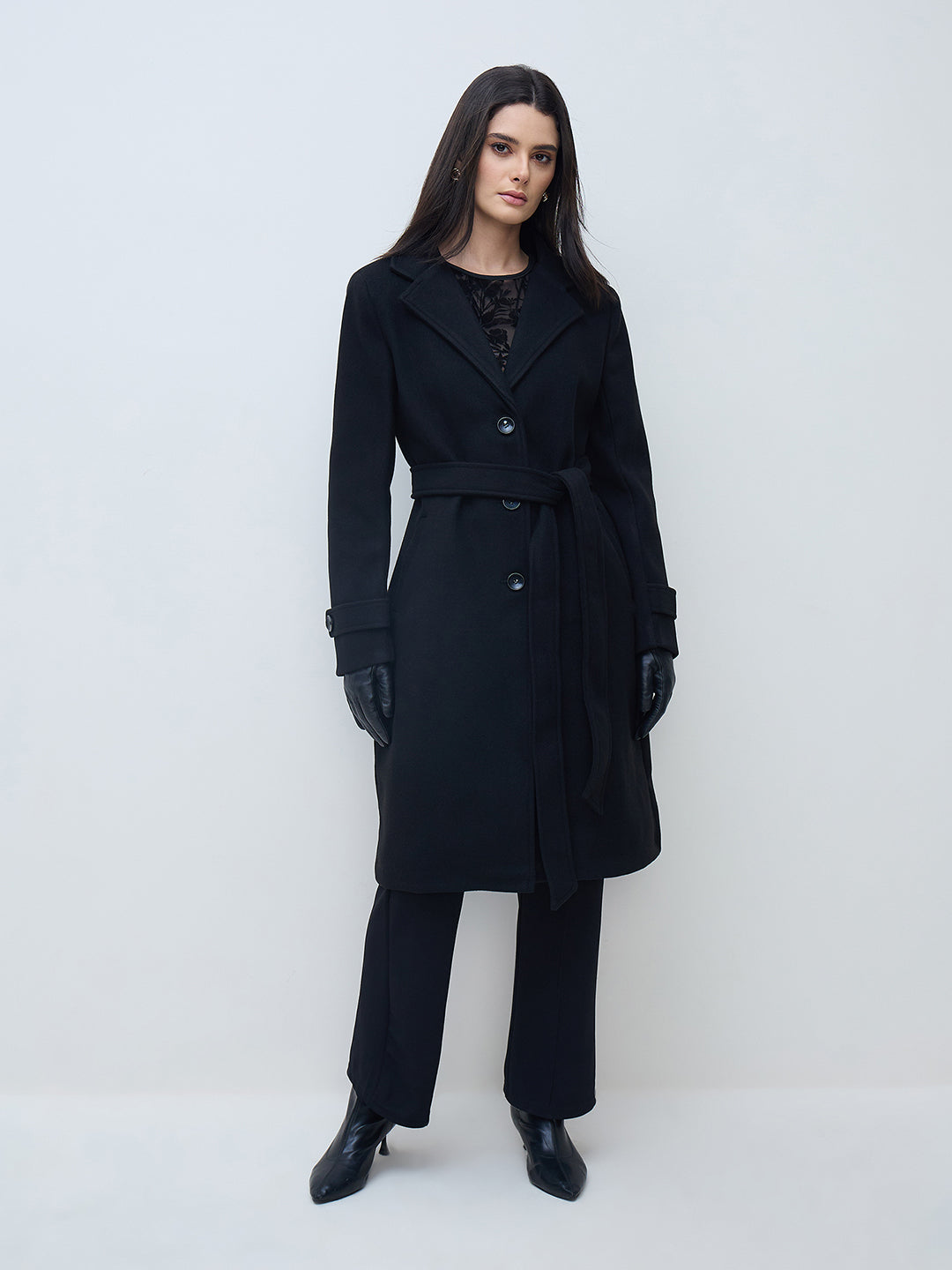 Elle Women Black Solid Lapel Collar Overcoat