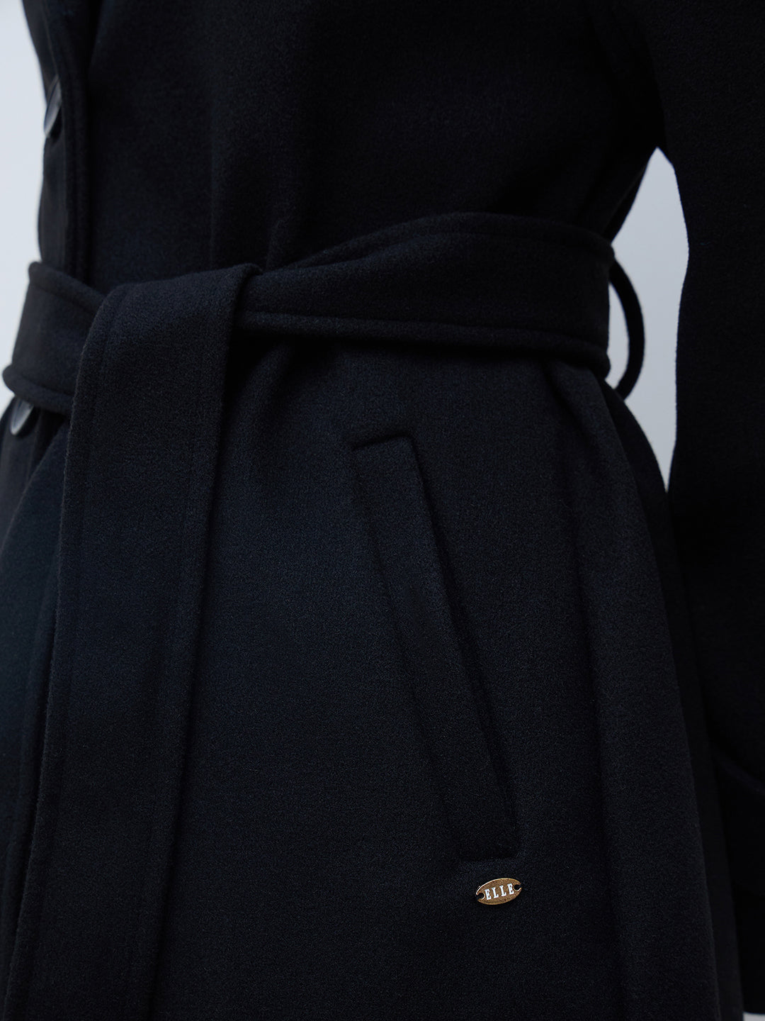 Elle Women Black Solid Lapel Collar Overcoat