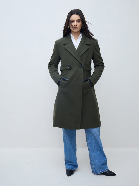 Elle Women Olive Solid Lapel Collar Overcoat