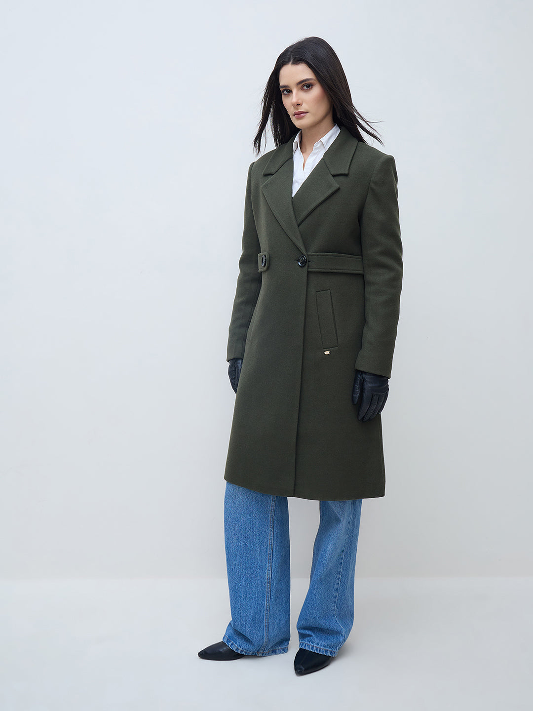 Elle Women Olive Solid Lapel Collar Overcoat