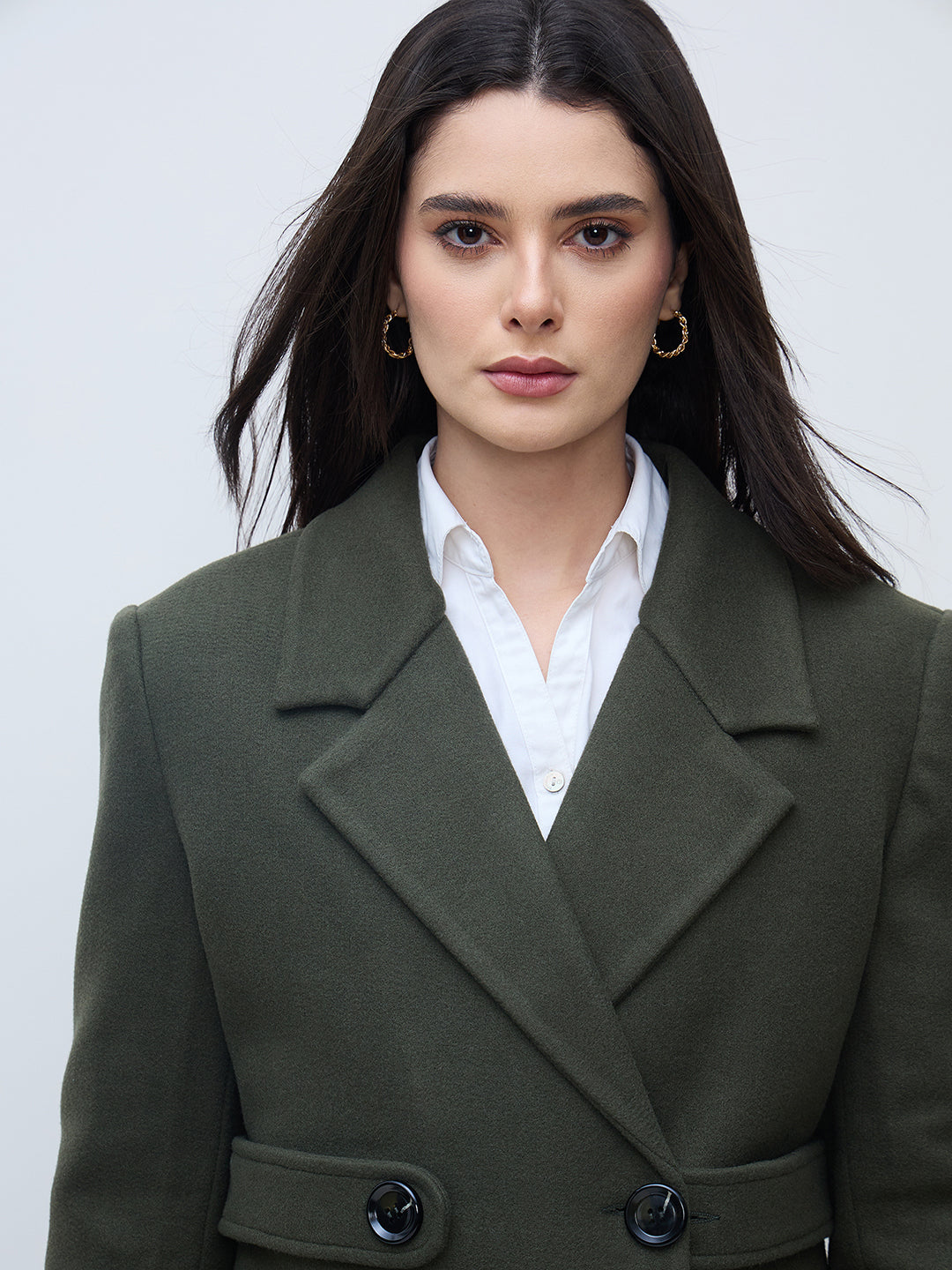 Elle Women Olive Solid Lapel Collar Overcoat
