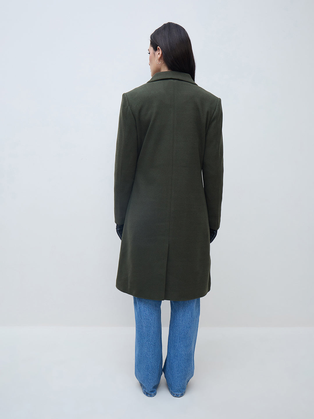 Elle Women Olive Solid Lapel Collar Overcoat