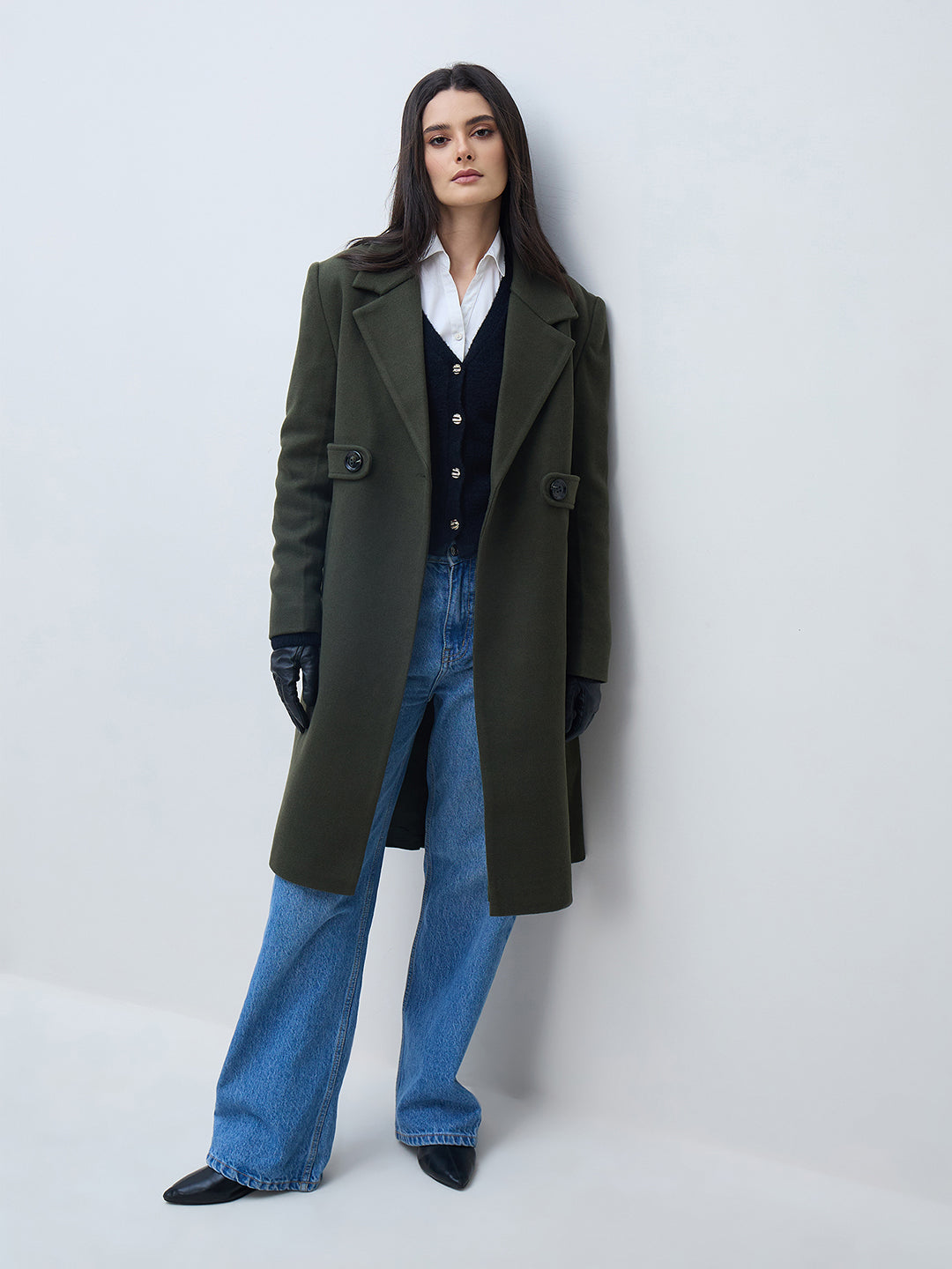 Elle Women Olive Solid Lapel Collar Overcoat