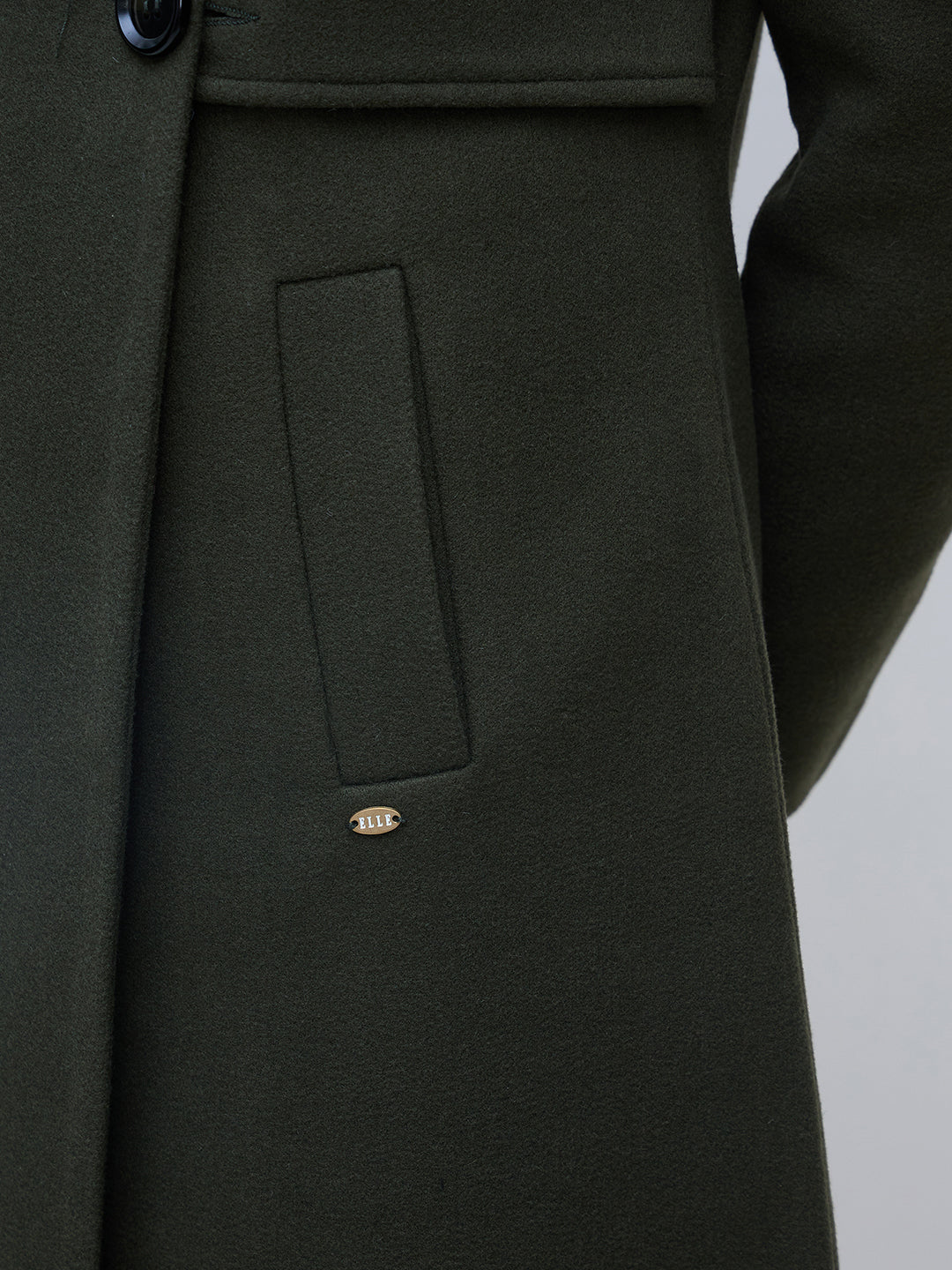 Elle Women Olive Solid Lapel Collar Overcoat