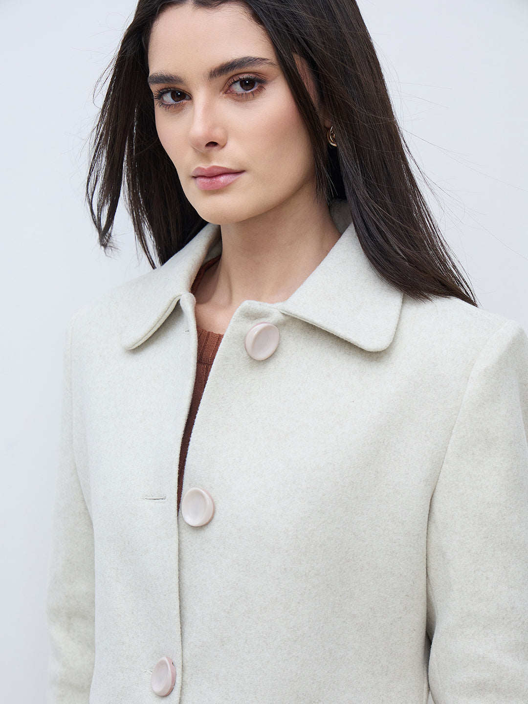 Elle Women Off White Solid Lapel Collar Overcoat