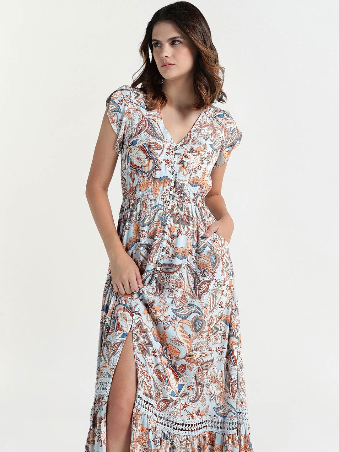 Elle Women Blue V Neck Dress