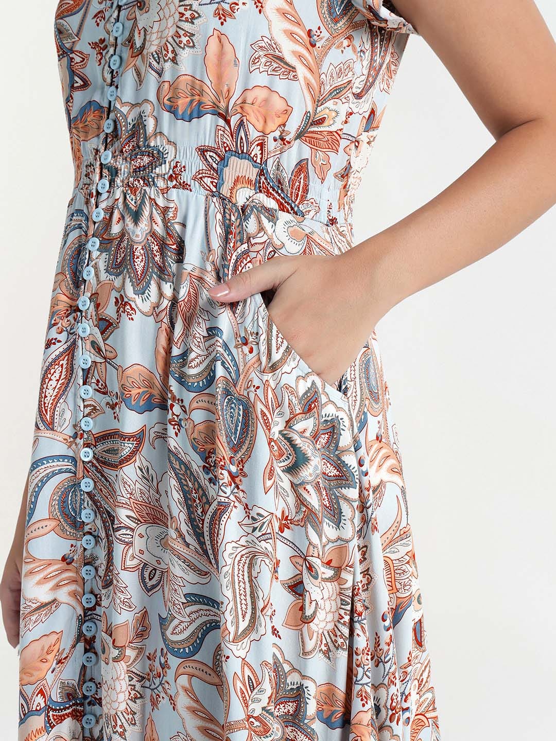 Elle Women Blue V Neck Dress